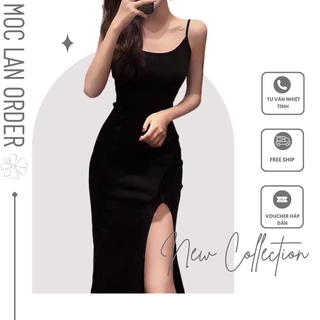 (Moclanclothing)váy body  hai dây đen xẻ tà sexy cho nữ -hàng chuẩn không phai hàng xưởng may lại