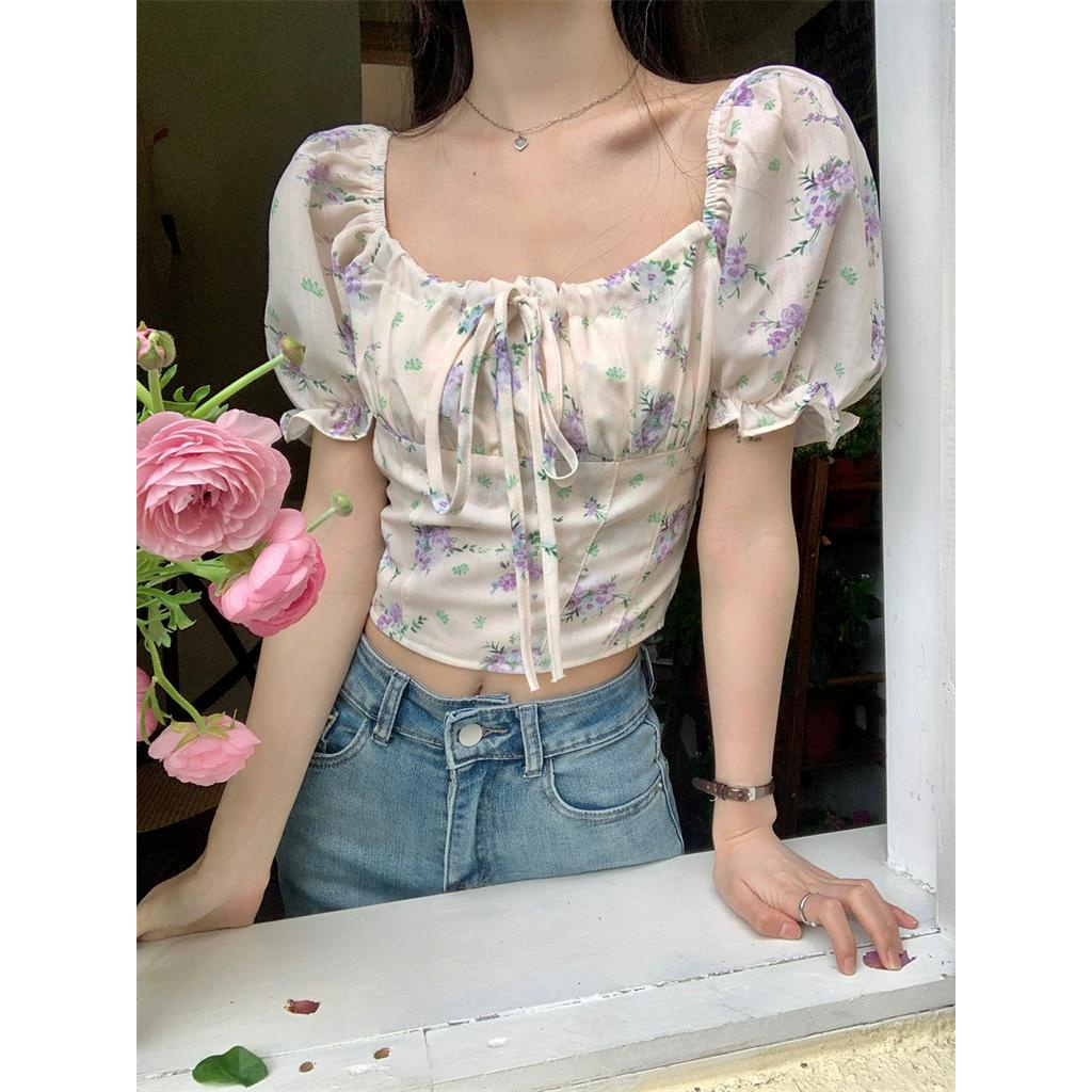 Áo Hoa Tay Phồng Cột Dây Dáng Ôm Co Giãn Phong Cách Hàn Quốc 63375