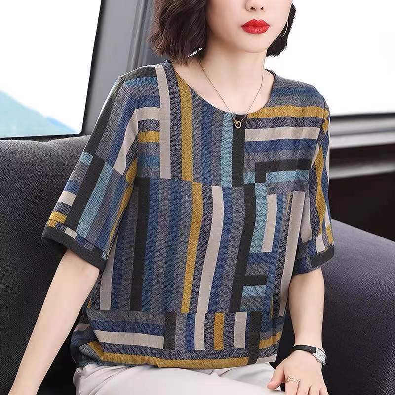 Áo thun tay ngắn cổ tròn họa tiết kẻ sọc thời trang cho phụ nữ trung niên