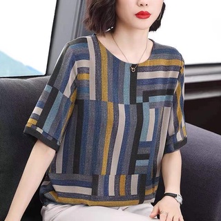Áo thun tay ngắn cổ tròn họa tiết kẻ sọc thời trang cho phụ nữ trung niên