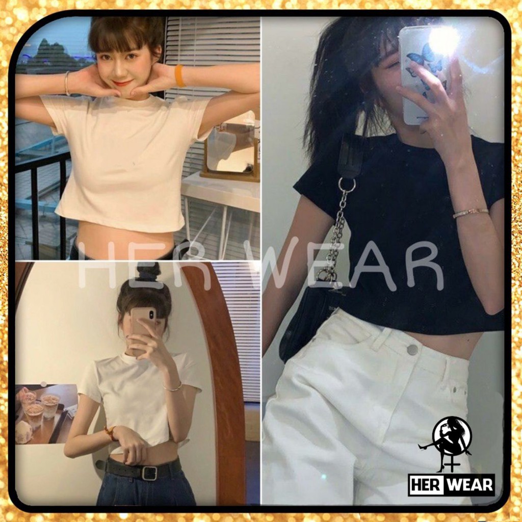 Áo Croptop (crt) trơn tay ngắn, cổ tròn cotton co dãn 4 chiều. | BigBuy360 - bigbuy360.vn