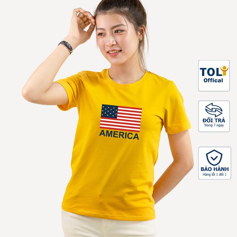 Áo thun nữ TOLI cổ tròn màu vàng in AMERICA, 100% cotton 4 chiều mềm mịn, co dãn, form suông cơ bản