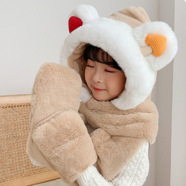 Mũ Lông Cừu Tai Gấu Kèm Khăn Quàng Cổ Và Găng Tay Ấm Áp Ulzzang Hàn Quốc Cho Bé Mùa Thu Đông