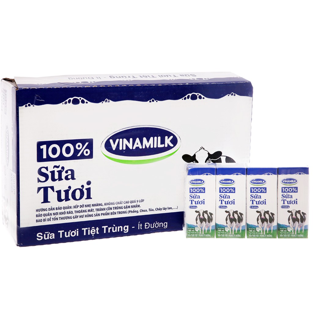 Thùng 48 hộp sữa tiệt trùng Vinamilk 100% Sữa Tươi ít đường 180ml