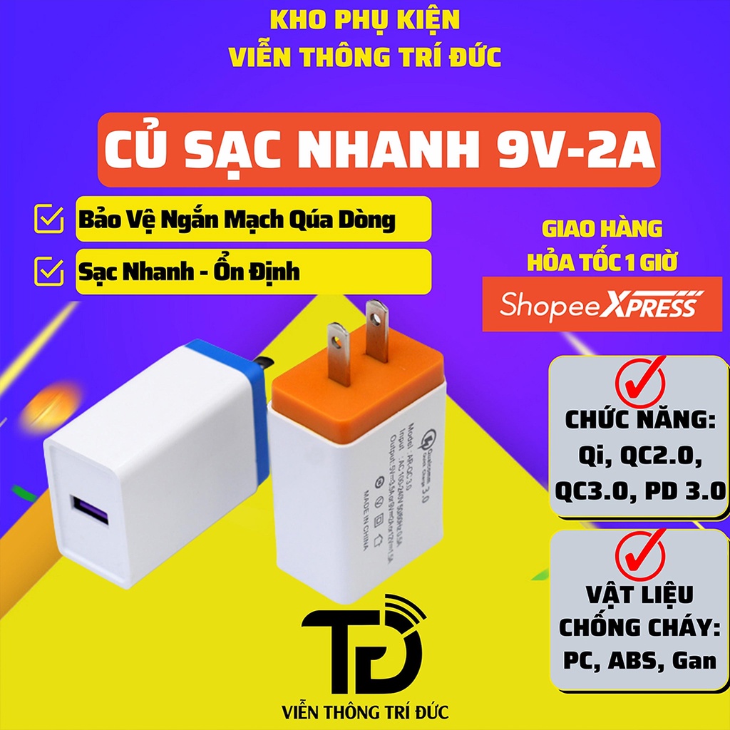 Bộ sạc nhanh Quick Charge QC 3.0 cho Samsung, iPhone, Bảo vệ ngắn mạch, Chất Liệu PC Chống Cháy Tiêu chuẩn châu âu