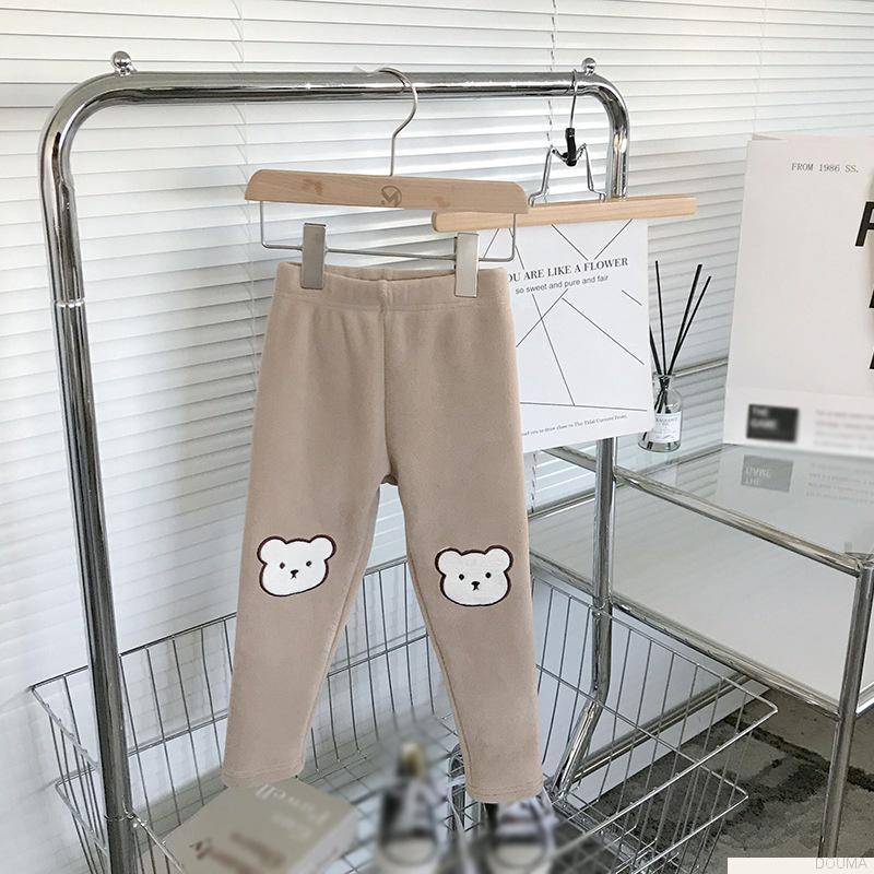 Quần legging lông cừu dày giữ ấm mùa đông in hình gấu hoạt hình dễ thương cho bé gái