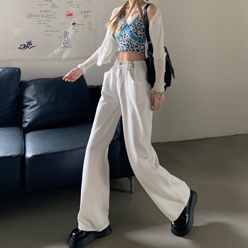 Quần denim ống rộng màu trắng phong cách Hàn Quốc thời trang mùa hè 2021 cho nữ