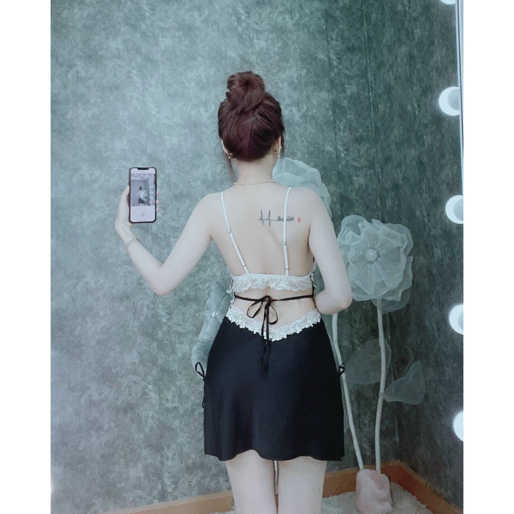 Váy Ngủ Sexy Freeship  Váy Ngủ Sexy chất satin phối ren quyến rũ gợi cảm Freesize dưới 60kg - Linqu Sleepwear
