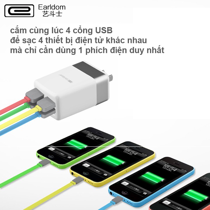 CỐC SẠC EARLDOM 2.4A ES-166 - 4 CỔNG SẠC USB