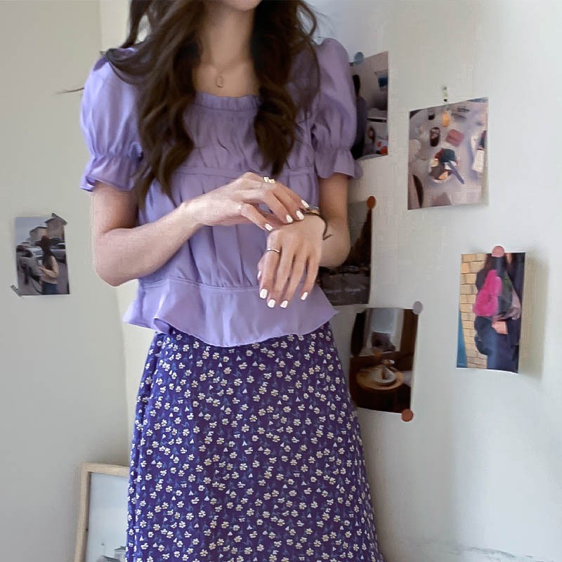 (SẴN HÀNG) Chân váy hoa nhí midi màu tím retro dáng dài style vintage Hàn Quốc điệu hè 2020 | BigBuy360 - bigbuy360.vn