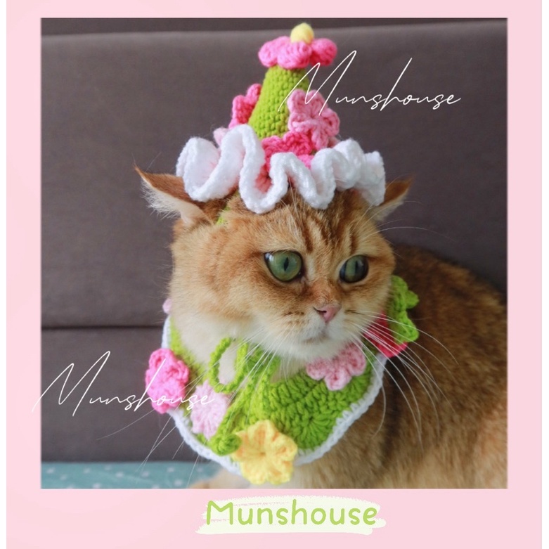 Set mũ chóp + yếm hoa xinh cho thú cưng