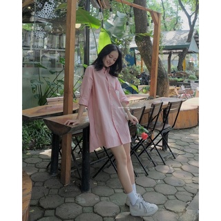 Váy sơ mi cổ đức oversize, váy sơ mi basic trên gối cổ đức Bazic one