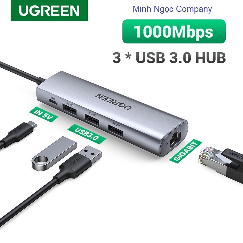 Bộ chuyển USB 3.0 sang LAN 1Gbps + 3 cổng USB 3.0 chính hãng UGREEN 60812 cao cấp - Hàng phân phối chính hãng