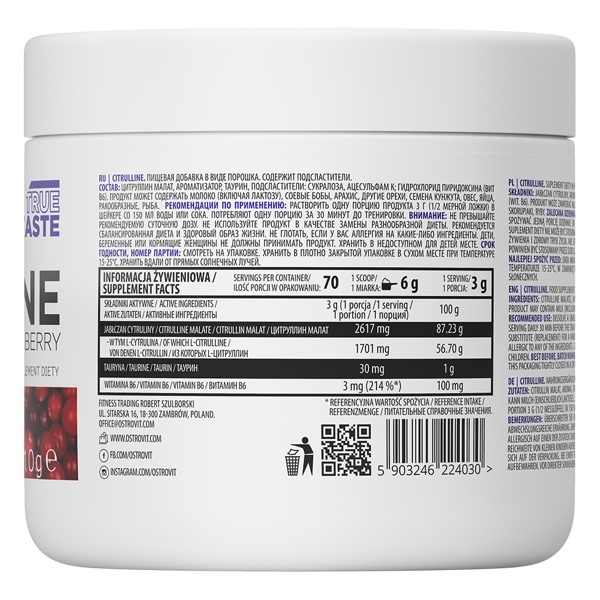 Ostrovit Citrulline, Tăng Sức Bền, Bơm máu Pump Cơ, Tăng Sức Mạnh Trong Tập Luyện - 210 grams