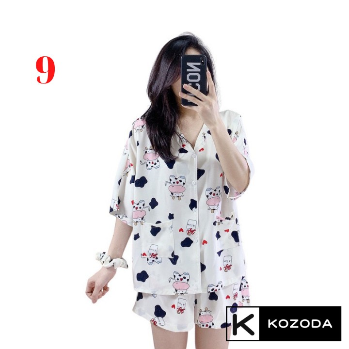 Đồ ngủ nữ pijama lụa bò sữa hoạ tiết dễ thương kèm dây buộc tóc scrunchies thấm hút chất mát mặc ở nhà Kozoda M57