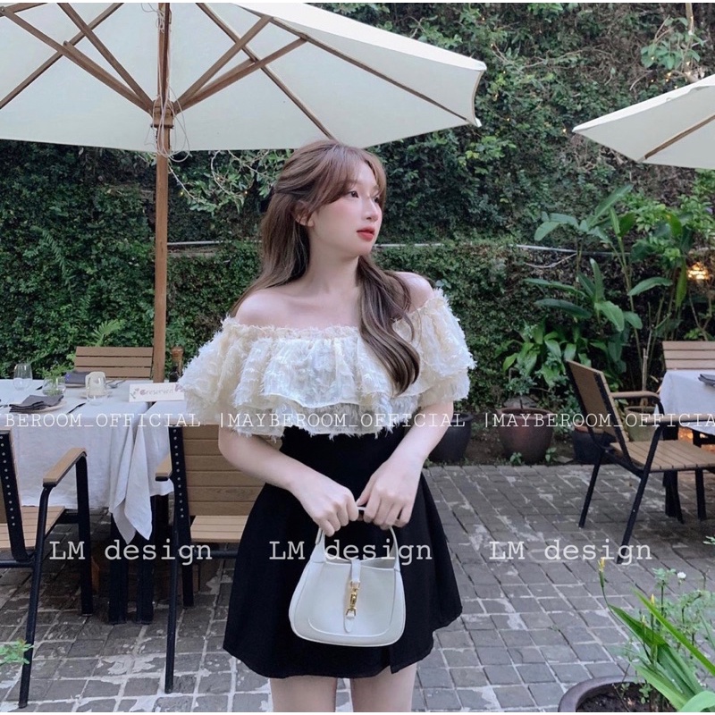 VÁY TRỄ VAI ĐEN XẺ PHỐI THÂN REN BÈO VTVBVH