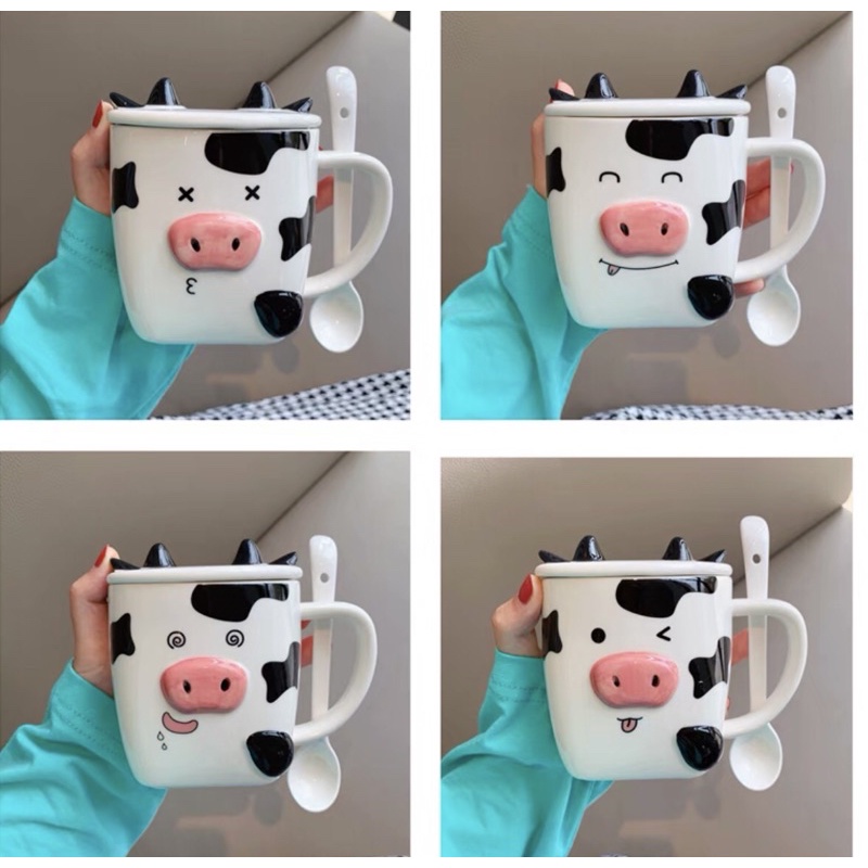 Order cốc sứ có nắp bò sữa cute cho bé