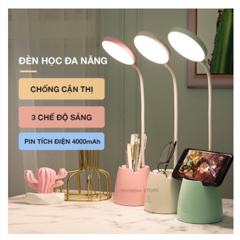 Đèn Học Để Bàn (Có Hộp Đựng Bút Và Giá Để Điện Thoại) - Đèn Bàn Led Bảo Vệ Mắt, Tích Điện - 3 Màu Ánh Sáng Chống Cận Thị