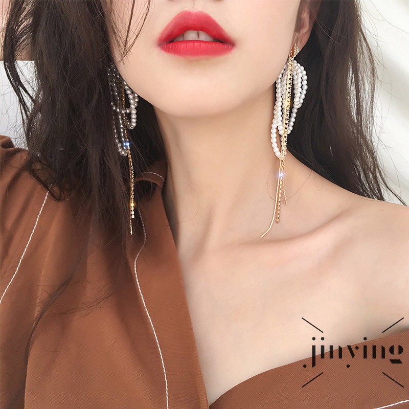 Bông tai nữ GETNOIVAS ngọc trai dáng dài thời trang