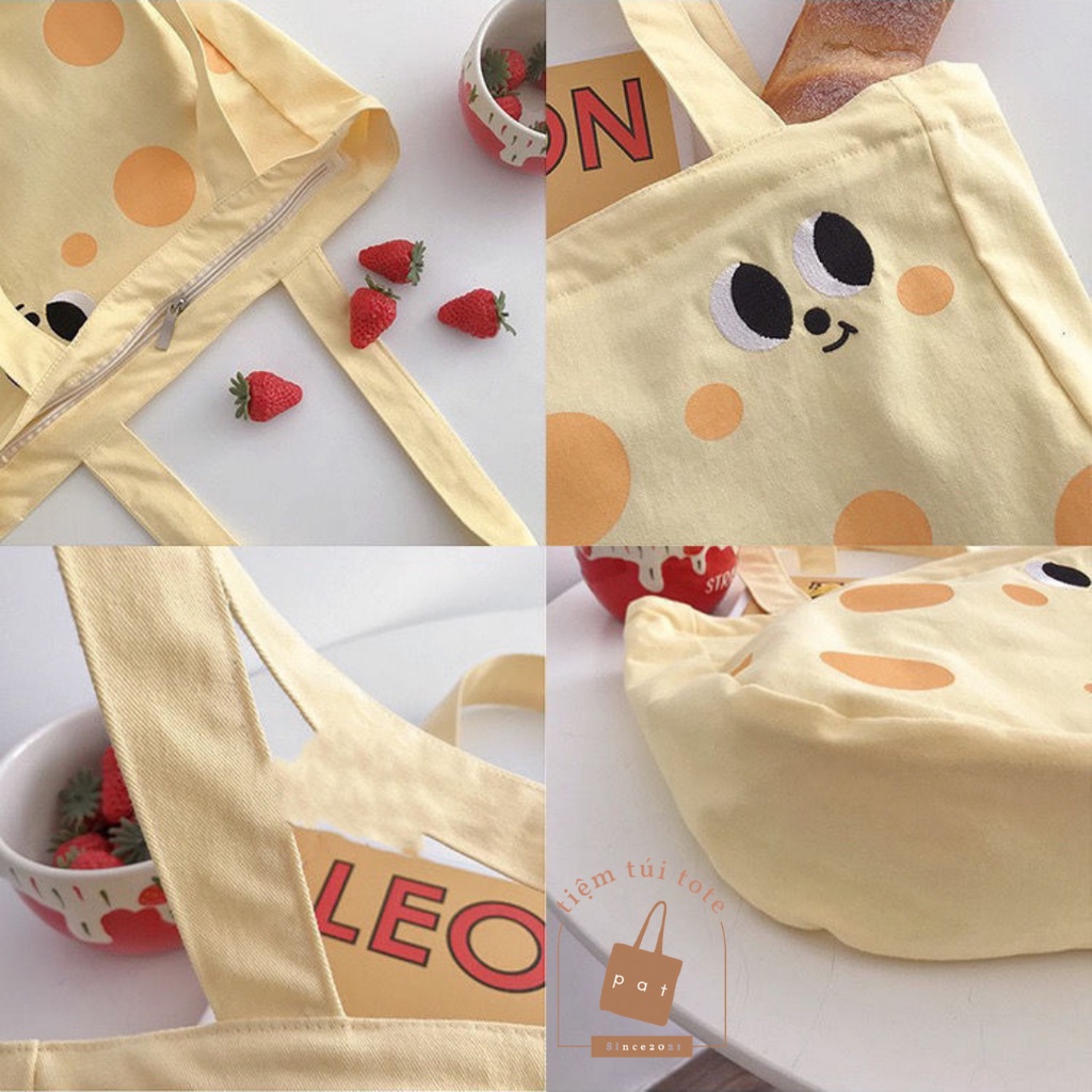 Túi canvas mini đeo vai in họa tiết cheese with eyes có dây kéo và túi trong vừa A4 TP17 | tiemtuitotebypat