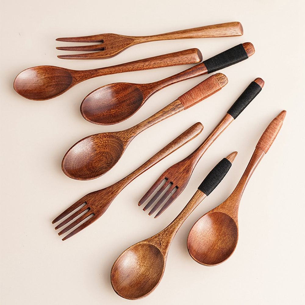 Bộ muỗng nĩa đũa bằng gỗ tay cầm dài phong cách Nhật Bản