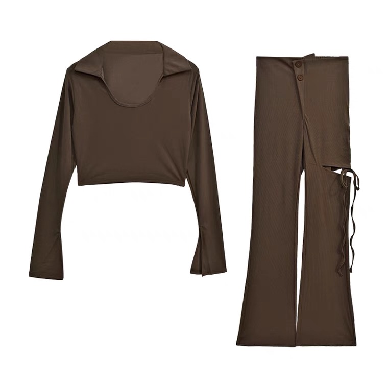 Set Croptop Dây Đan Chéo Eo Tay Loe + Quần Ôm Loe Cut Gối Dây Rút LSEOUL B1204