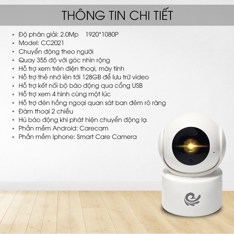 Camera WiFi Carecam CC2021 2.0MP FHD 1080P Siêu Nét, Kèm Thẻ Nhớ Chuyên Dụng