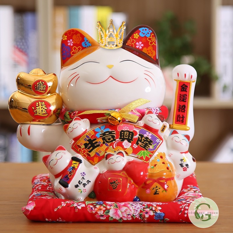 Mèo Thần Tài Mèo Vẫy Tay Mèo Đế Vương Chiêu Tài Lộc Phong Thủy Gốm Sứ Cao Cấp 25cm