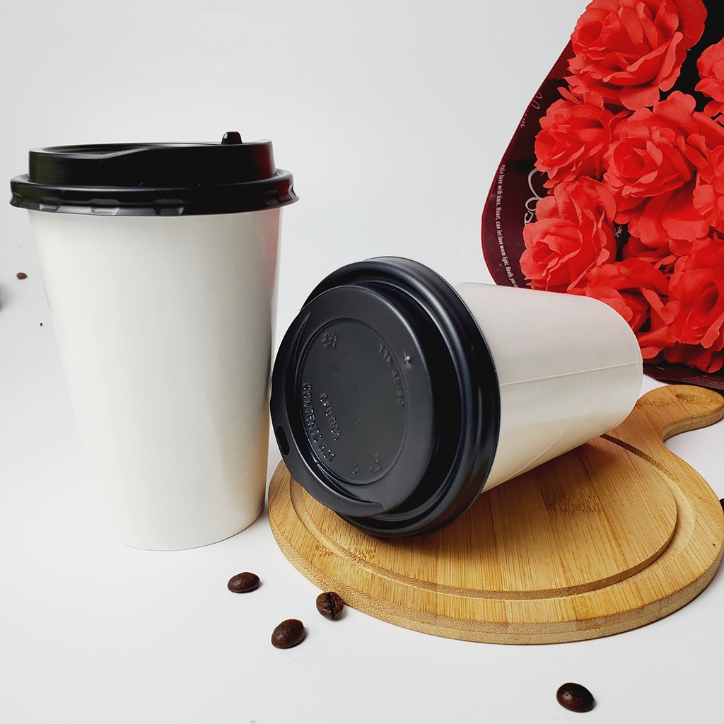 50 Ly Giấy Trắng Trơn 16oz – 480 ml Có Nắp | Ly giấy cafe | Ly giấy 500ml | Ly giấy đựng cà phê | Cốc giấy