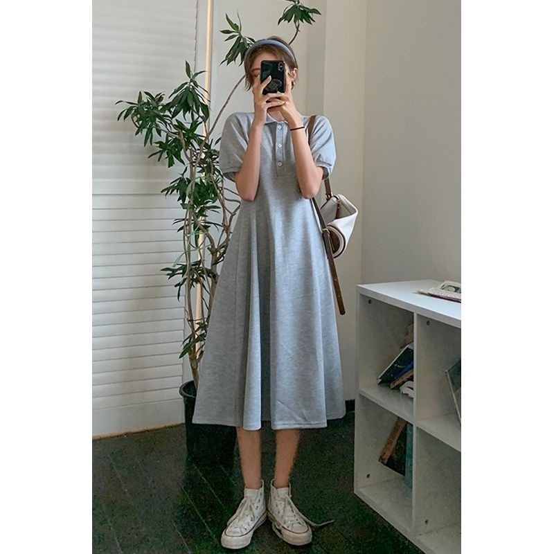 Đầm Tay Ngắn Phồng Cổ POLO Chiết Eo Phong Cách Pháp Thanh Lịch Hàng Mới