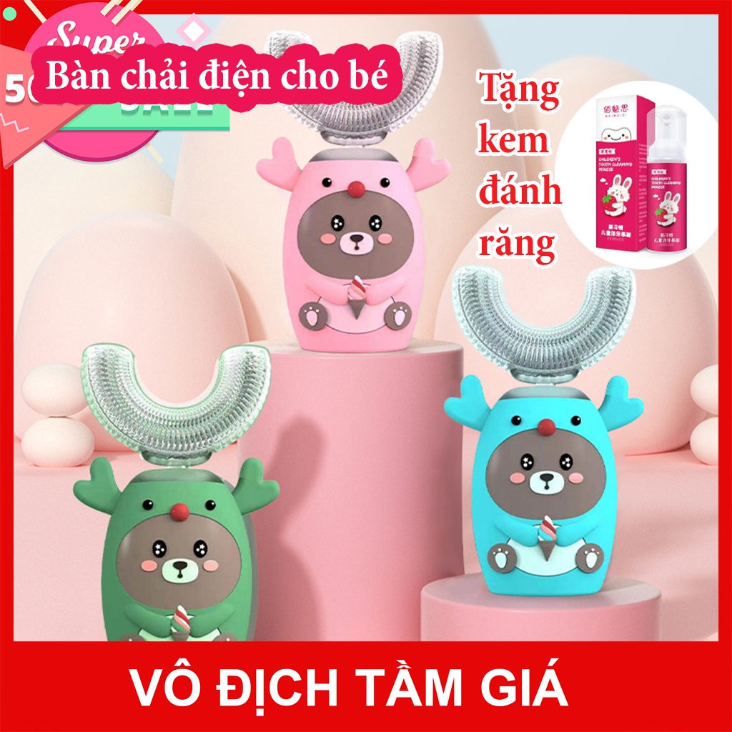 Bàn chải điện cho bé chữ U Master V8, Giúp bé vệ sinh răng miệng hiệu quả, tặng kèm kem đánh răng nuốt được