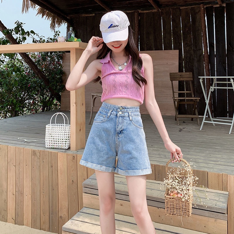 Quần Short Denim Ống Rộng Lưng Cao Thời Trang Mùa Hè Hàn Quốc Mới Cho Nữ