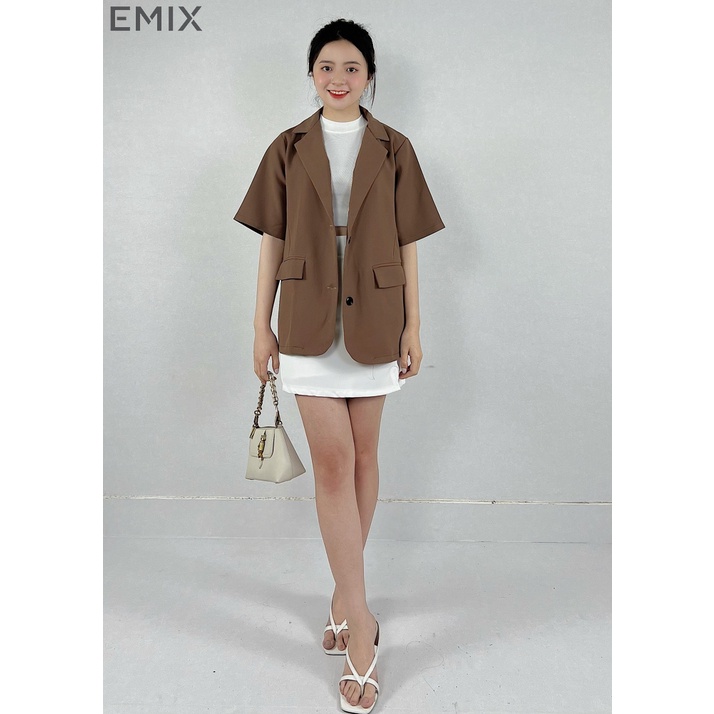 Áo vest cộc tay EMIX (3 màu), blazer, dáng dài, khoác, 2 cúc, form rộng, đi học, đi làm, chất vải trượt Hàn 6087