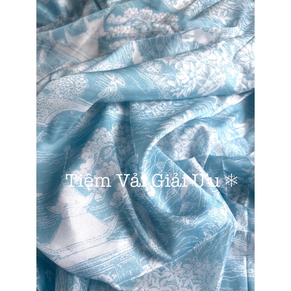 Vải Tơ Óng Xanh Hoạ Tiết - Khổ 1,5m