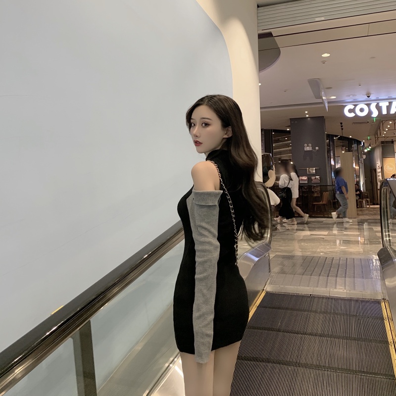 Cocory vn phụ nữ thời trang retro quây cổ tròn mỏng mông dài tay áo dệt kim mini dress