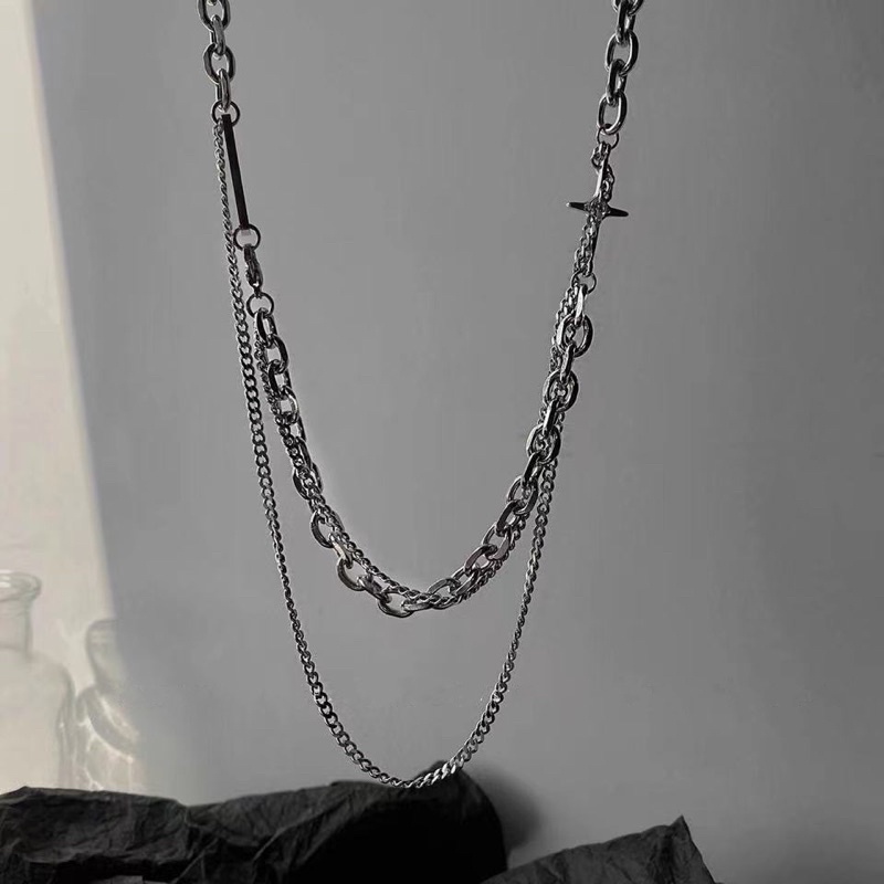 Vòng cổ nam nữ bạc dây xích 2 lớp thép titan không gỉ dây chuyền layers phong cách hiphop vòng tay mắt xích (VC15).