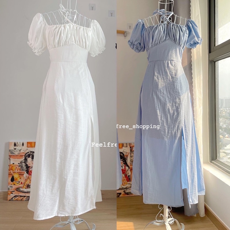 (Ảnh thật) Đầm Xanh Cổ Vuông Cúp Ngực Trễ Vai Eo Lưng 2 Lớp Mặc Đi Tiệc, Đi Chơi, Kỷ Yếu D007