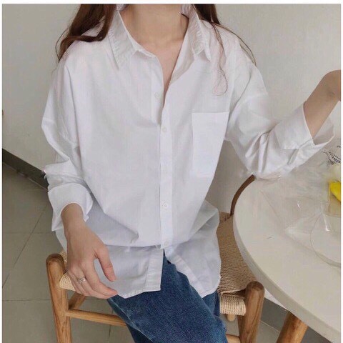 Áo sơ mi trắng 1 túi basic phom rộng unisex thời trang học sinh/ Áo sơ mi nam nữ tay dài cổ bẻ style hàn quốc_ranstore