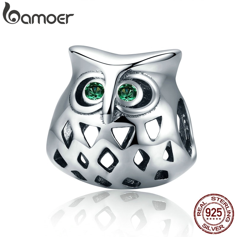 Hạt phụ kiện Bamoer SCC424 bằng bạc thật 925 thiết kế hình cú mèo khoét rỗng xinh xắn dùng làm trang sức