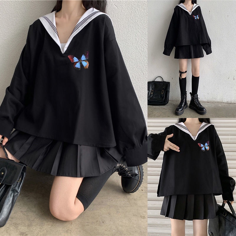 Set áo hoodie tay dài dáng rộng + chân váy đồng phục JK phong cách thời trang
