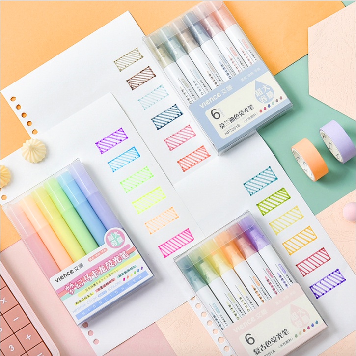 Bộ Bút Màu Dạ Quang Highlight Pastel Đánh Ghi Chú Tiện Lợi Set 6 Màu Hộp Cứng