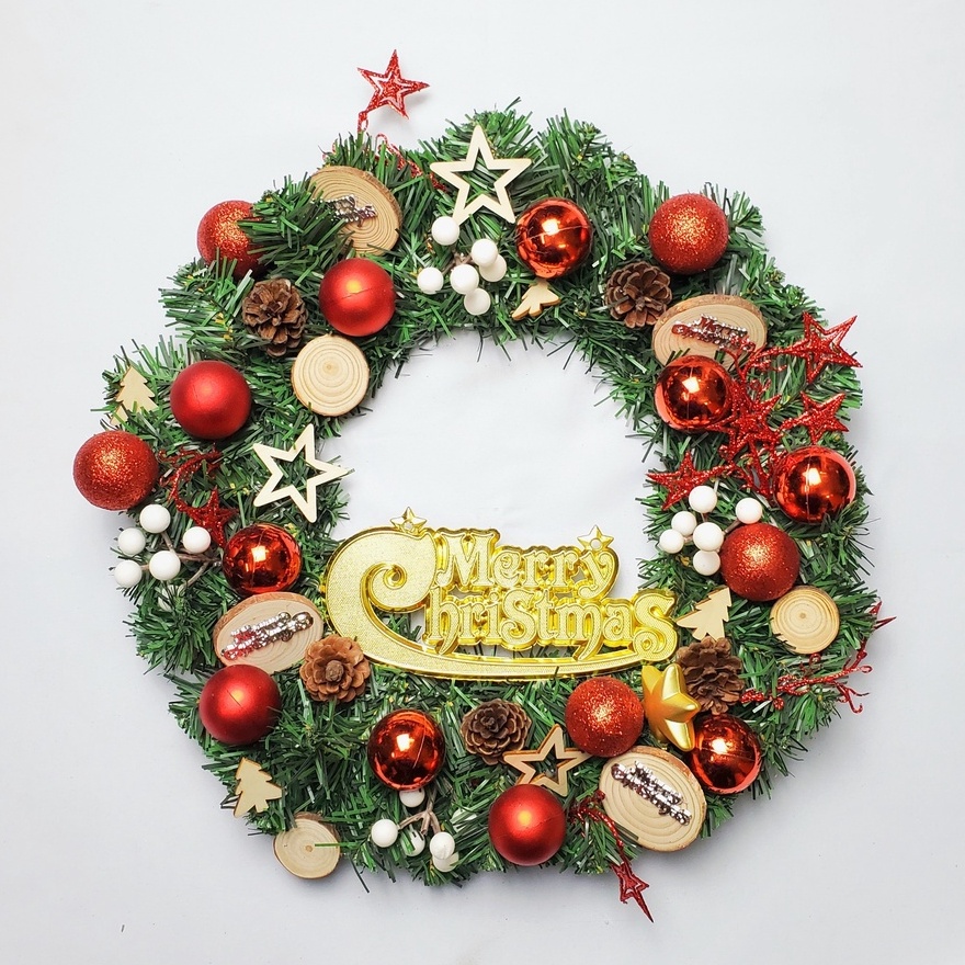 Vòng Hoa Trang Trí Noel D45 size 40cm Tặng Kèm Đèn, Vòng Nguyệt Quế Giáng Sinh