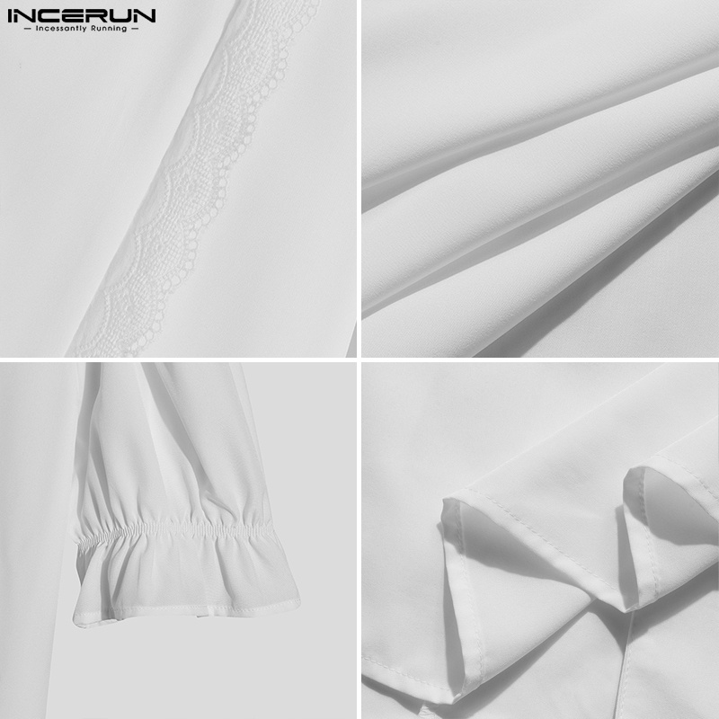 Áo sơ mi trắng INCERUN tay ngắn phồng cổ chữ v cài nút thanh lịch thời trang cho nam