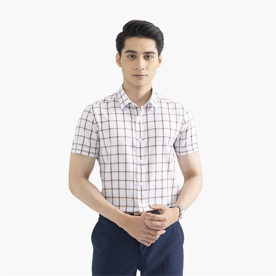 [MẪU MỚI] Áo sơ mi nam ngắn tay ARISTINO phom Slim fit, màu trắng kẻ caro nâu trẻ trung, nổi bật - ASS388S2