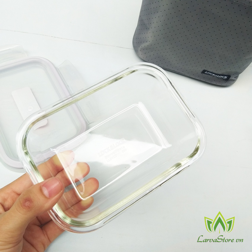 Bộ Hộp Cơm Lock&amp;lock Thủy Tinh LLG422S4 380ml x 3 Túi Xám (Sử dụng tốt với lò vi sóng)
