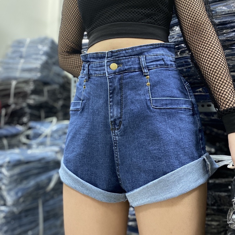 [Size 32~36] Quần Short Jean Xanh Trơn Bigsize - Lưng Cao - Co Giãn Mạnh - Quần Đùi Lưng Phối Thun