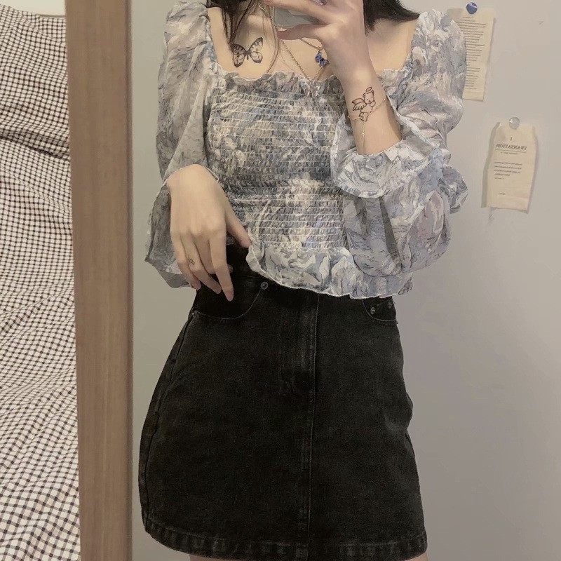 [Mã FASHIONI9 giảm 10k đơn 0đ] Áo Voan Xếp Ly Cổ Vuông Họa Tiết Xinh Xắn Dành Cho Bạn Gái, Áo Kiểu Chất Chiffon Hàn Quốc | BigBuy360 - bigbuy360.vn