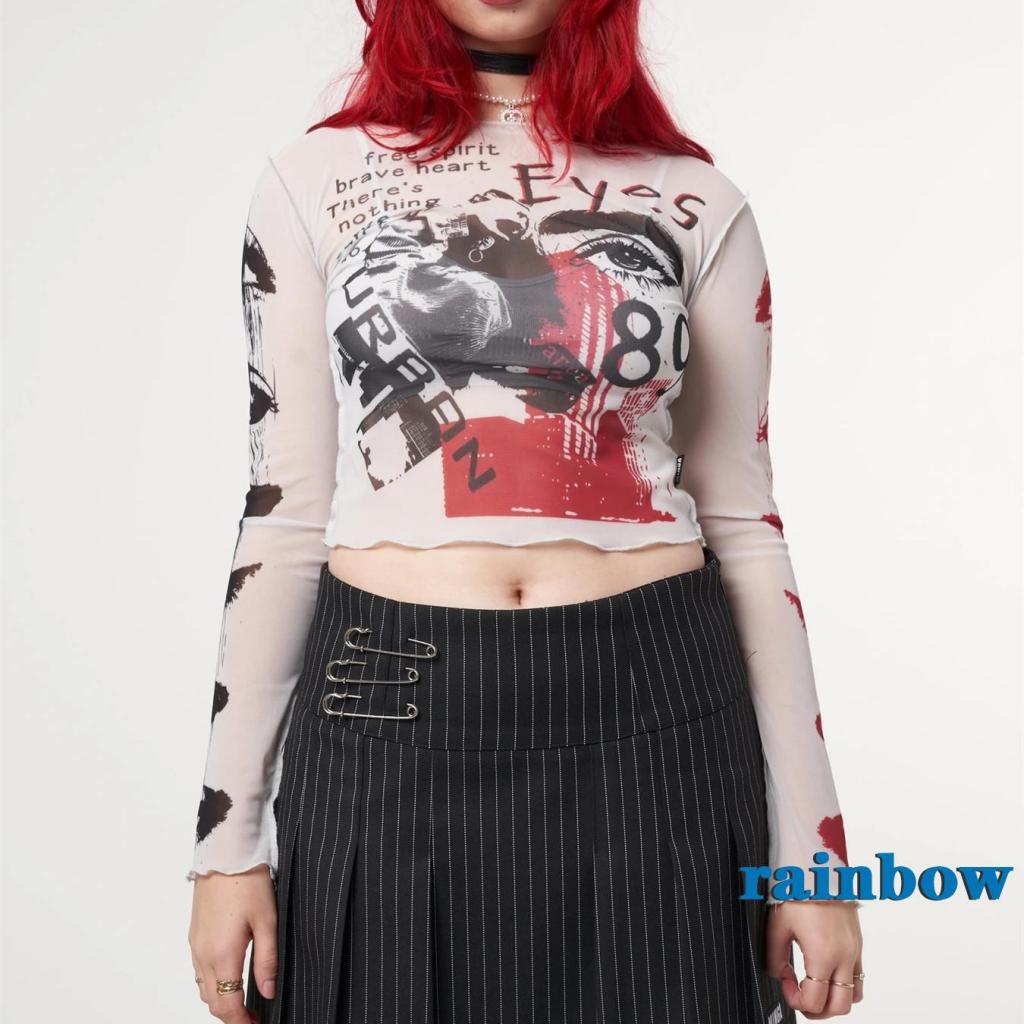 RAINBOW-Y2K E-girl Graphic Print Mesh Crop Top Harajuku Grunge Long Sleeve See Through Tees Gothic Mall Goth Crop Top