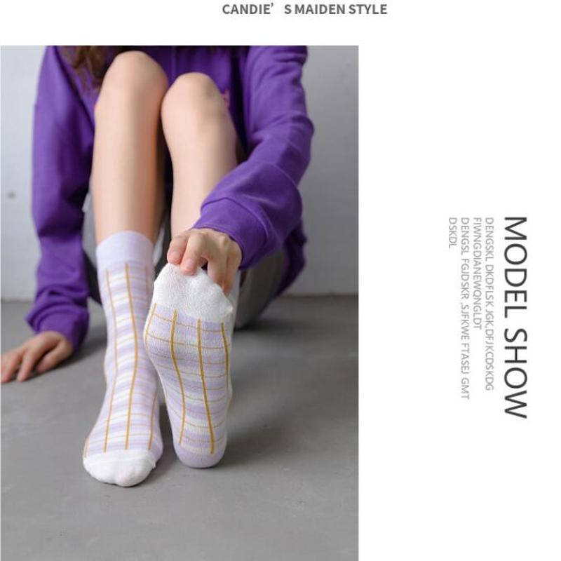 Đôi vớ cotton dài màu tím họa tiết kẻ sọc/caro thời trang cho nữ