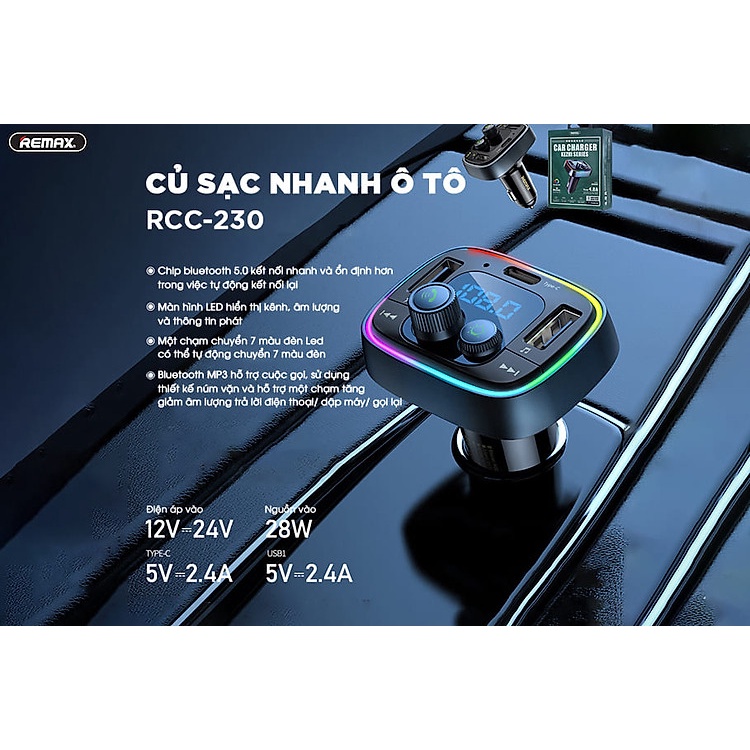 Tẩu Sạc Ô Tô REMAX RCC230 Tích Hợp Đèn LED Kết Nối Bluetooth 5.0 Hỗ Trợ 2 Cổng USB Và Type C Hỗ Trợ Sạc Nhanh